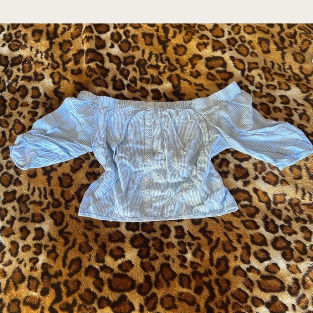 Blue Smocked Off-Shoulder Puff Sleeve Blouse